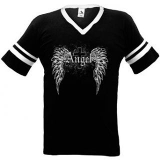 Angel Wings Mens Ringer T shirt, Angel Wings and Cross Tattoo Style Design Mens V neck Shirt Novelty T Shirts Clothing