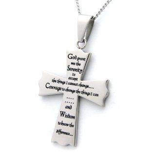 High Polished Stainless Steel Serenity Prayer Cross Pendant Necklace: Jewelry