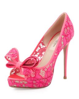 Womens Peep Toe Lace Bow Pump, Pink   Valentino