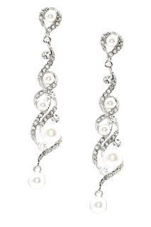 Rhodium Crystal Rhinestone Dangle Earrings with White Pearl Ending: Jewelry