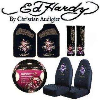 Ed Hardy Love Kills Slowly Seat Covers, Floor Mats, Steering Wheel Cover, Seat Belt Shoulder Pads Accessories Set 7 pc Set: Automotive
