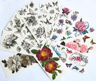 10pcs/package hot selling temporary tattoo stickers various designs including black peony/black flowers and butterflies/black roses/colorful flowers and butterflies/roses/peony/etc. Toys & Games