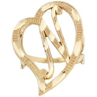 10k Real Gold Large Heart Cursive Letter N Diamond Cut Initial Ring: Jewelry