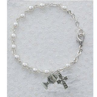 Great for First Communion, 6.5" Rosary Girls Bracelet, 3mm Pearl Beads, Irish Theme, Sterling Silver Celtic Cross & Chalice Charms. Jewelry