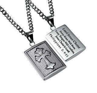 Christian Mens Stainless Steel Abstinence "Lord Jesus Christ   Every Knee Will Bow, Every Tongue Will Confess, Jesus Christ Is Lord   Philippians 2:9 11" White Graphite Deluxe Cross Necklace for Boys   Guys Purity Necklace   24" Curb Chain: 