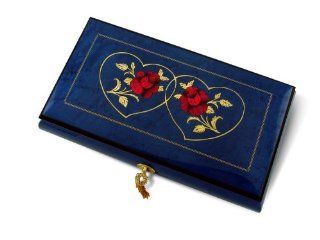 Vibrant Royal Blue Double Red Rose and Heart Musical Jewelry Box (Smoke Gets In Your Eyes): Jewelry