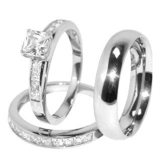 His and Hers 3 Pcs Stainless Steel Princess CZ Engagement Ring set and Mens Matching Band, AVAILABLE SIZES men's 8~14; women's set: 5~10. WHOLE SIZE ONLY. CONTACT US BY EMAIL THROUGH  WITH SIZES AFTER PURCHASE!: Jewelry
