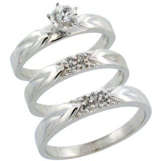 14k White Gold 3 Piece Trio His (3.5mm) & Hers (3.5mm) Diamond Wedding Ring Band Set w/ 0.17 Carat Brilliant Cut Diamonds; (Ladies Size 5 to10; Men's Size 8 to 14): Jewelry