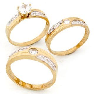 14k Gold His & Hers Matching CZ 3 Trio Wedding Ring Set: Jewelry