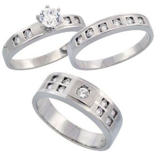 Sterling Silver 3 Piece His 7 mm & Hers 4 mm Trio Wedding Ring Set CZ Stones Rhodium Finish, Ladies Size 9: Jewelry