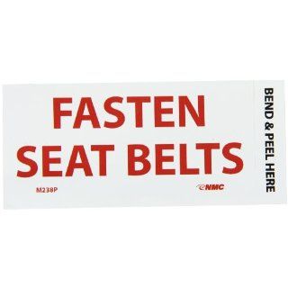 NMC M238P Fire Sign, Legend "FASTEN SEAT BELTS", 4" Length x 2" Height, Pressure Sensitive Vinyl, Red on White Industrial Warning Signs