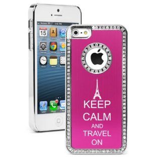 Apple iPhone 5 5S Hot Pink 5S1377 Rhinestone Crystal Bling Aluminum Plated Hard Case Cover Keep Calm and Travel On Eiffel Tower: Cell Phones & Accessories