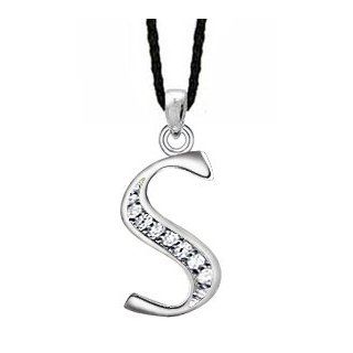 Cute Alphabet rhodium plated Pendants S   Pendant size is about 3/4' (18MM)   Comes with 16  20 inch adjustable Japanese silk cord necklace with rhodium plated clasp & fittings   Hand set with quality CZ crystals. Beautifully designed and hand poli