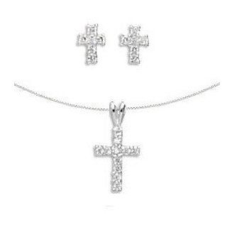 Children's Cross CZ Sterling Silver Earrings Necklace Set, 14 inch snake chain Earring And Necklace Sets Jewelry