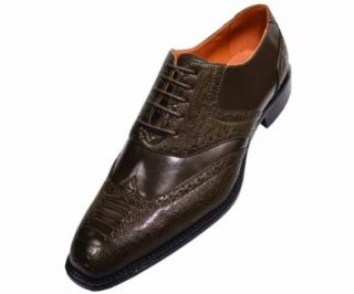 Bolano Mens Olive Classic Wing Tip Dress Shoe With Exotic Ostrich Leg Print: Style Rodric Olive 195: Oxfords Shoes: Shoes