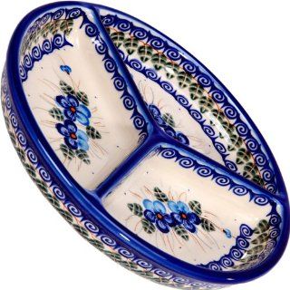 Polish Pottery Ceramika Boleslawiec,  0727/162, Mercedes Divided Platter, 10 3/4 Inches in Diameter, Royal Blue Patterns with Blue Pansy Flower Motif: Kitchen & Dining