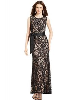 Betsy and Adam Dress, Sleeveless Belted Lace Gown   Dresses   Women