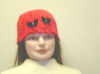 Cp123, Hand Crocheted Red Chenille and Gimp Tweed Skull Cap with Two Black Rhinestone Butterfly for Women and Teens at  Womens Clothing store:
