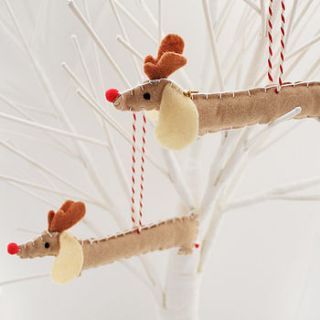 set of two rudolf sausage dog decorations by miss shelly designs