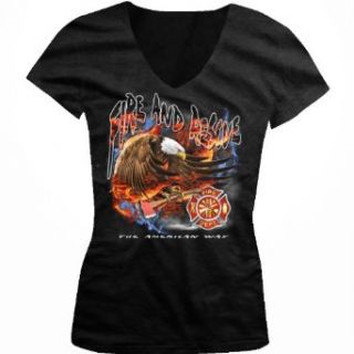Fire And Rescue, Bald Eagle and Axe Ladies Junior Fit V neck T shirt: Clothing