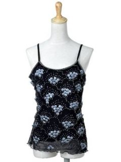 Anna Kaci S/M Fit Black Lily Pad Floral Inspired Beaded Layered Organza Cami Top