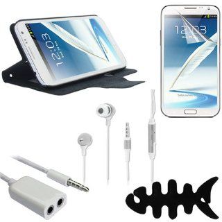 Skque Black Flip Stand Leather Case Cover Skin Shell + Clear Screen Protector + 3.5MM Male to 3.5MM Dual Female Audio Spliter Adapter Supports Mic Function,White + 3.5mm Remote Mic Metal Earphone,Silver with Free Fish Bone Holder for Samsung Galaxy Note 2 