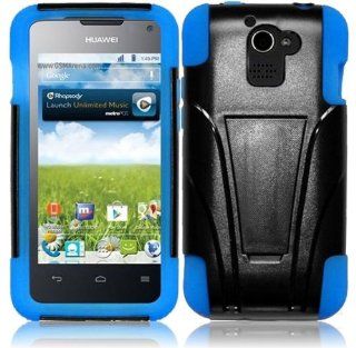 miniturtle(TM) Black and Blue, 2 in 1 Silicone Skin Gel and Hard PC Plastic Heavy Duty Armor Hybrid Protective Shell Case Cover with Built in Kickstand for Android Smartphone Huawei Premia M931 4G Metro PCS    Screen Protector Film Included Cell Phones &a