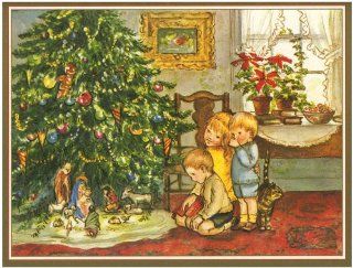 Caspari Box of 20 5 1/4 by 6 3/4 Holiday Notecards, Tasha Tudor Children at Tree   Christmas Decor