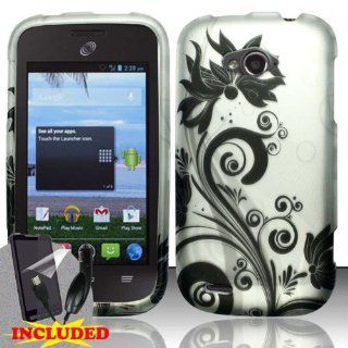 ZTE Savvy Z750c (StraightTalk) 2 Piece Snap On Rubberized Image Case Cover, Black Vines Flowers Swirls Silver Cover + SCREEN PROTECTOR & CAR CHARGER: Cell Phones & Accessories