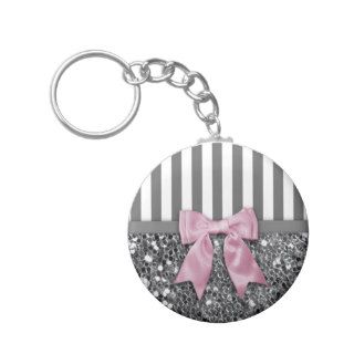 Pink Bow on Grey Stripes and Glitter Look Key Chain