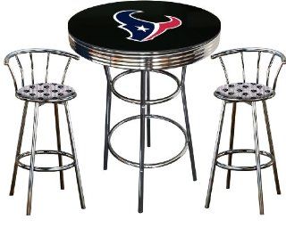 Houston Texans Logo Themed 3 Piece Chrome Metal Finish Bar Table Set with Glass Table Top & 2 Swivel Seat Texans Fabric Themed Bar Stools   Home Bars
