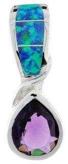 Sterling Silver Slide Pendant Synthetic Opal Inlay with 11 X 9 mm Teardrop Amethyst CZ Jewelry
