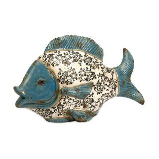 21" Paradise Blue and White Ceramic Tropical Fish Statue with Flourish Pattern   Outdoor Statues