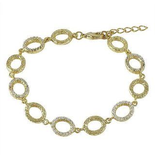 Yellow Gold Tone White CZ Open Ovals Circle Men Women Teen Bracelet 7" with 1" Extension: Link Charm Bracelets: Jewelry