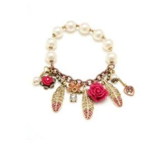 Betsey Johnson Bracelet, Pink Rose And Feather Stretch Bracelet Jewelry