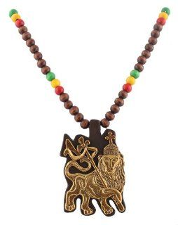 2 Pieces of Brown with Gold & Multicolors Wooden Rasta Lion of Judah Pendant and 36 Inch Necklace Chain: Wood Pendant: Jewelry