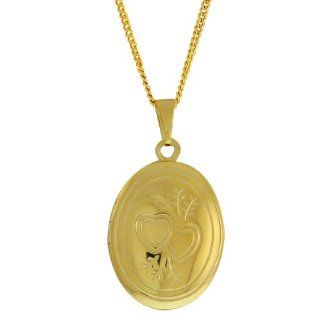 3/4" Stunning Gold Tone Double Heart Oval Locket Figaro Pendant With 18" Chain: Jewelry