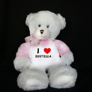 Plush White Teddy Bear (Dena) toy with I Love Eustella (first name/surname/nickname) Toys & Games