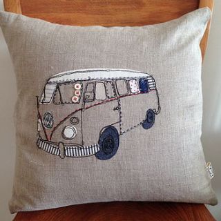 camper van linen embroidered cushion by lynsey hunter illustration