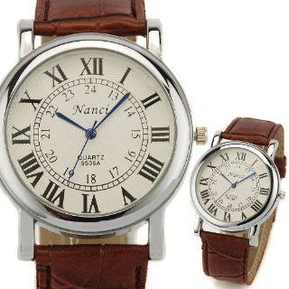 Brown Classic Leather Bracelet Round Fashion Roma Number Men Cuff Watch: Watches