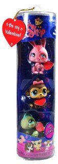 Hasbro Year 2007 Littlest Pet Shop Limited Edition Exclusive Valentine Tube Series 3 Pack Bobble Head Pet Figure Set   Pink Bunny Rabbit (#500) , Brown Monkey (#501) and Green Iguana Lizard (#499) Toys & Games