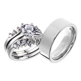 His & Hers Wedding Ring Sets Tungsten Carbide Sterling Silver Round Cubic Zirconia Bride Groom Sets: Jewelry