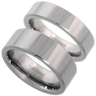 2 Ring Set Tungsten Ring 6 & 8 mm His & Hers Flat Wedding Band Polished Mirror Finish Comfort Fit, sizes 9 13 & 5 9: Jewelry