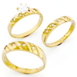 10k Gold His & Hers Trio 3 Piece CZ Wedding Ring Sets: Jewelry