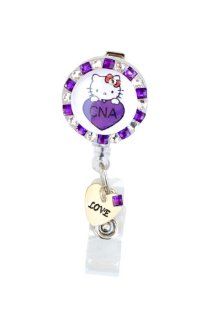Love Heart CNA logo Hello Kitty Rhinestone Retractable Badge Reel with Heart Charm/ ID badge Holder (Purple) : Identification Badges : Office Products