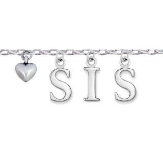 925 Sterling Silver "Love Sis" Word Heart Charm Bracelet 7'' 9'', Gift for Sister, Big Sis, Little Sis: Link Charm Bracelets: Jewelry