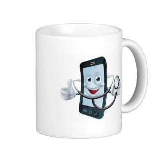 Cartoon phone character holding a stethoscope coffee mugs