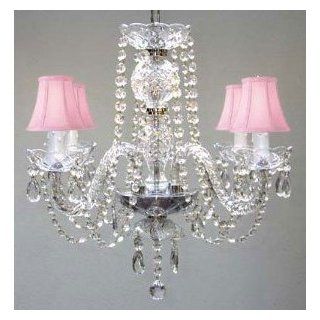 ALL CRYSTAL CHANDELIER CHANDELIERS WITH PINK SHADES H17" X W17" SWAG PLUG IN CHANDELIER W/ 14' FEET OF HANGING CHAIN AND WIRE!    