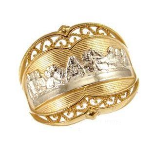 14k Yellow Gold, Da Vinci Last Supper Painting Depiction Religious Ring with Rhodium Accents: Jewelry