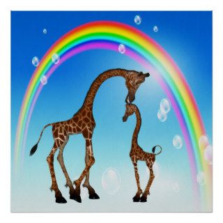 Cute Mother & Baby Giraffe & Rainbow Poster